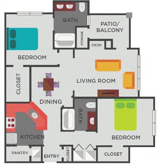 Floor plan for 2 beds, 2 baths, 1270 sqft